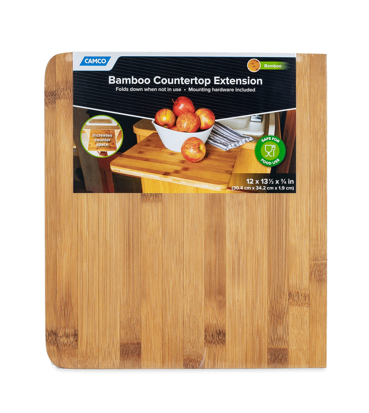 Camco 43423 Bamboo Accents RV Countertop Extension - Mounts Directly to Your Existing Countertop - Food Safe Construction - 12-Inches (L) x 13 ½-Inches (W) x ¾-Inch (Thick)